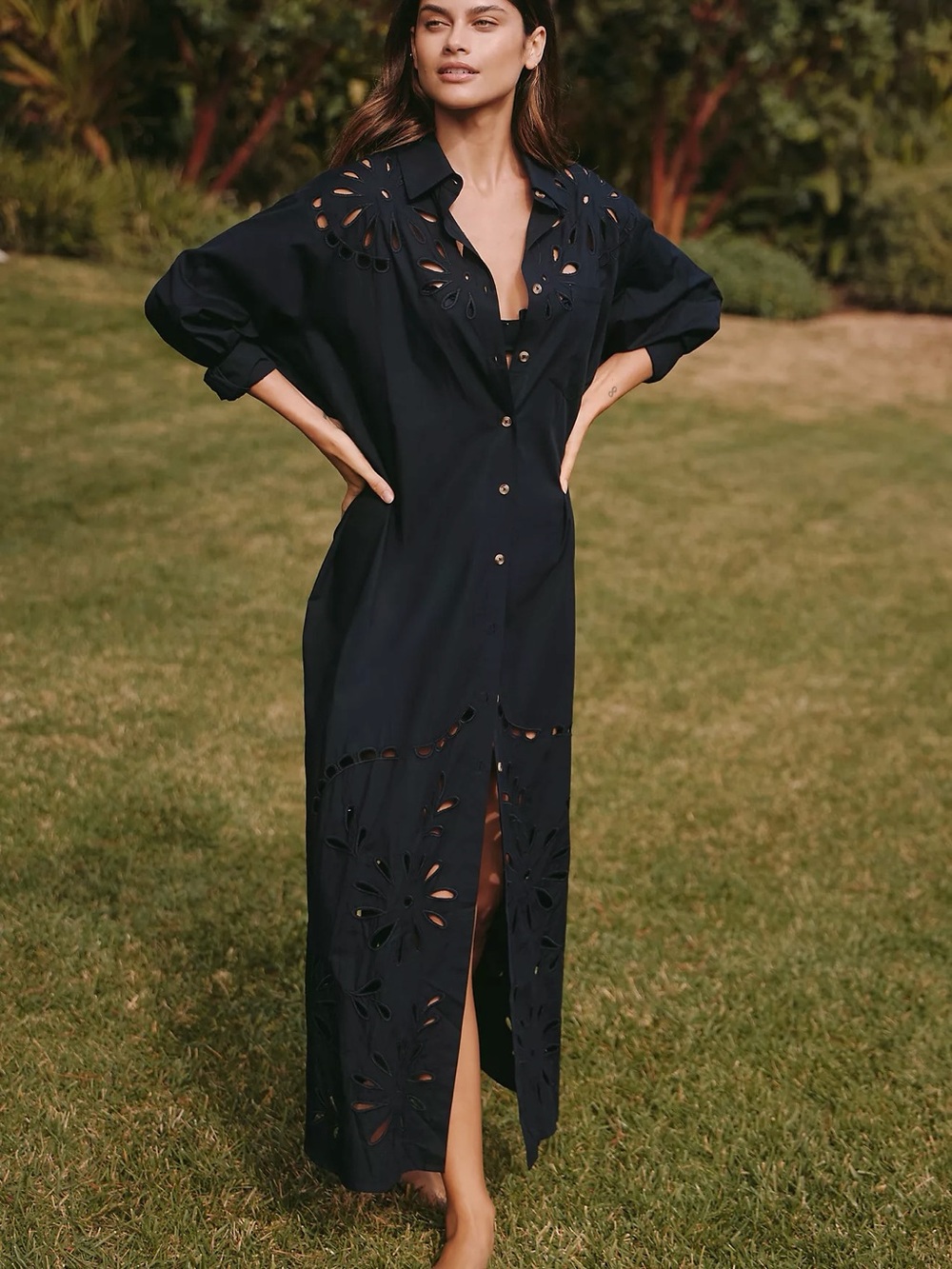 Anthropologie Celandine Eyelet Button-Front Black Linen Blend Maxi Dress Small
